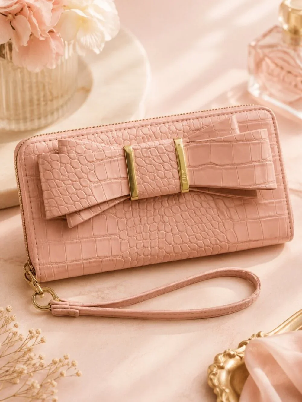 Betsey Johnson Pale Pink Croc Embossed Bow Wallet Wristlet NWT